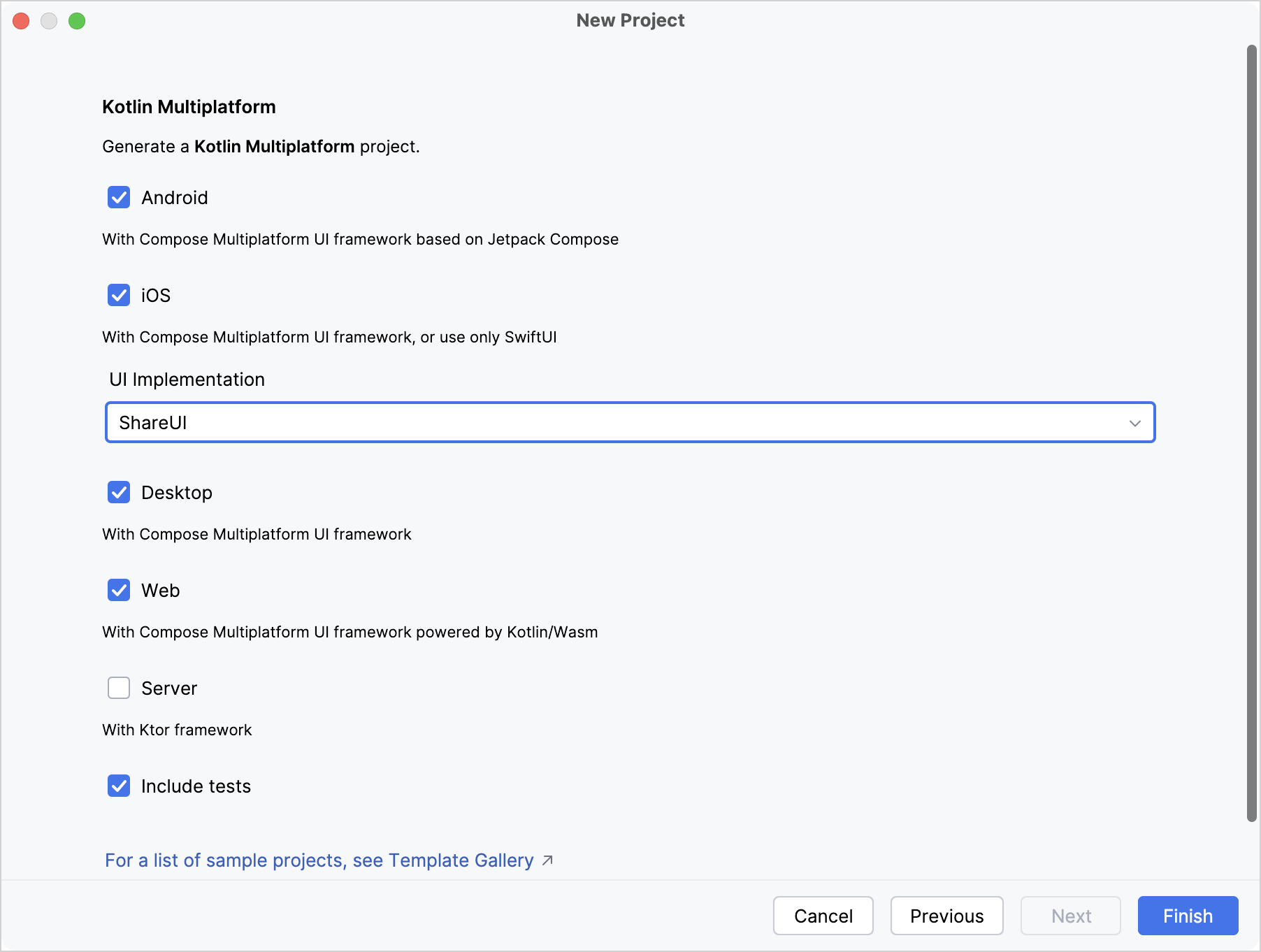 Android Studio 向导的最后一步,选择了 Android、iOS、桌面和 Web 平台
