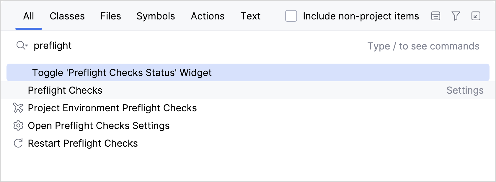 Search Everywhere 菜单,输入了“preflight”一词