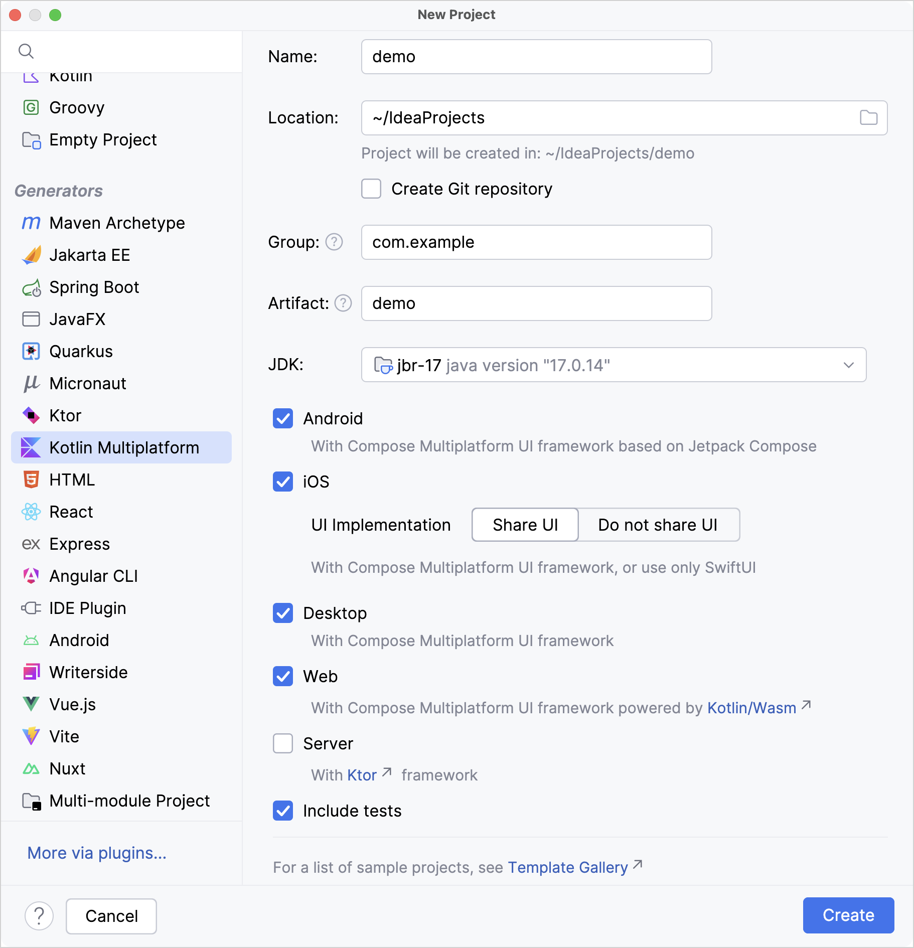 IntelliJ IDEA 向导,包含默认设置并选择了 Android、iOS、桌面和 Web 平台