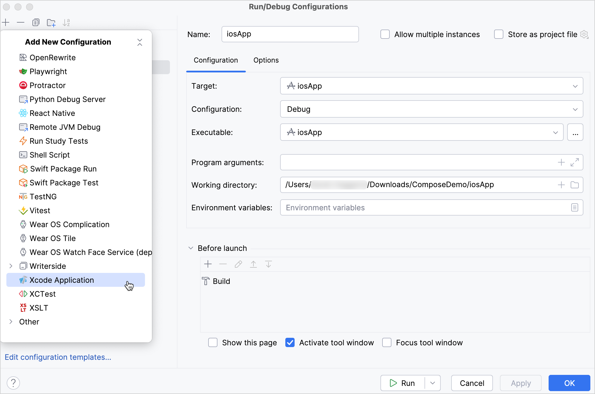 iOS 应用程序的新运行配置