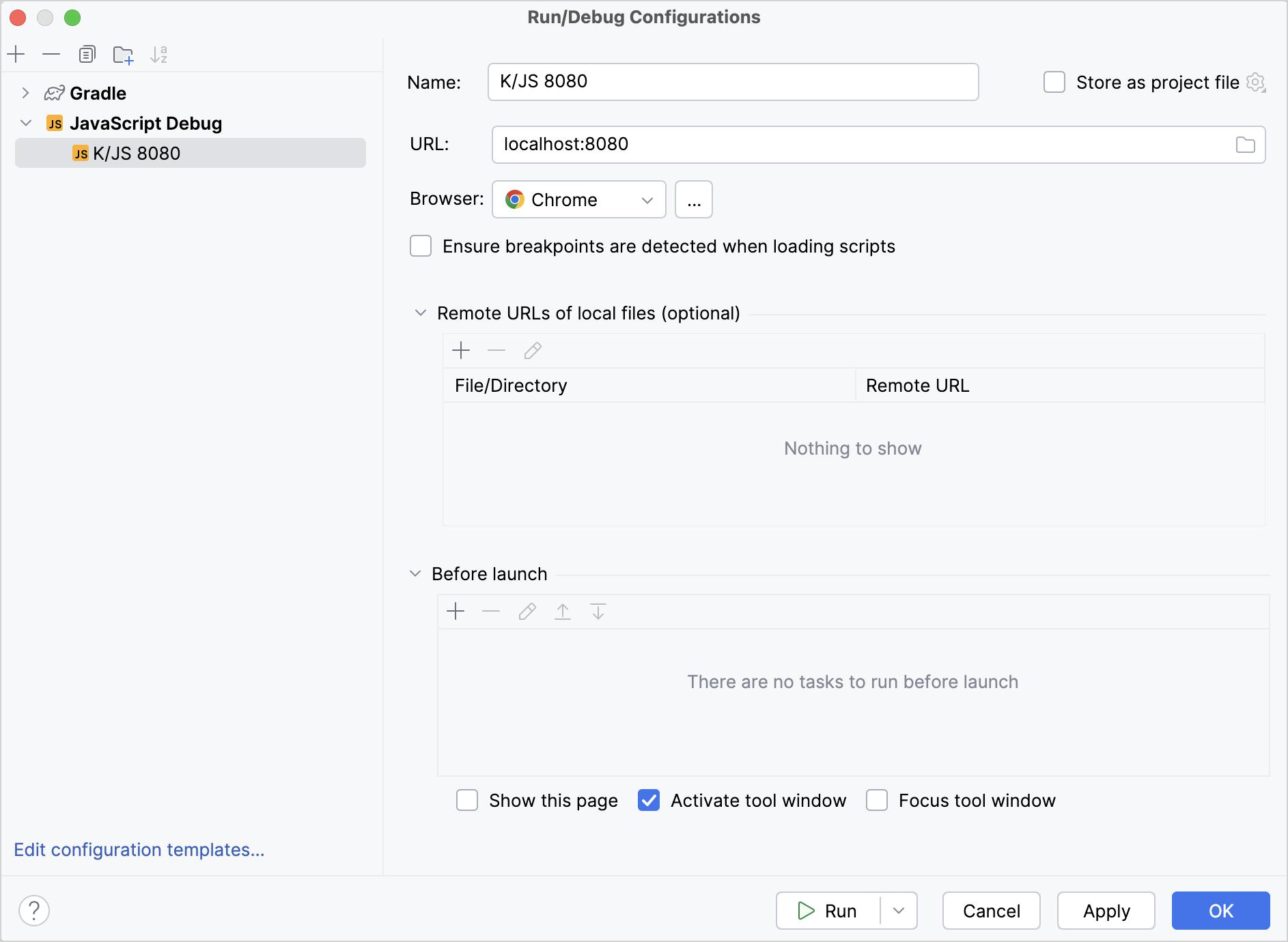 JavaScript debug configuration