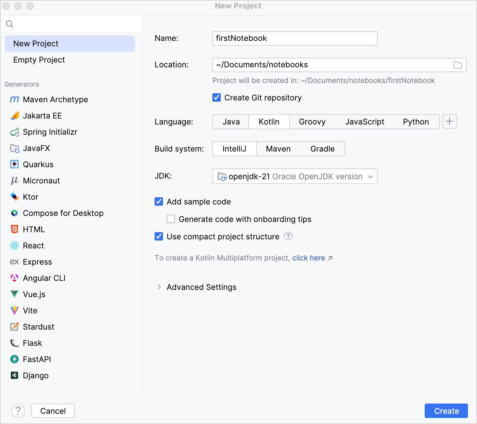 创建新的 Kotlin Notebook 项目
