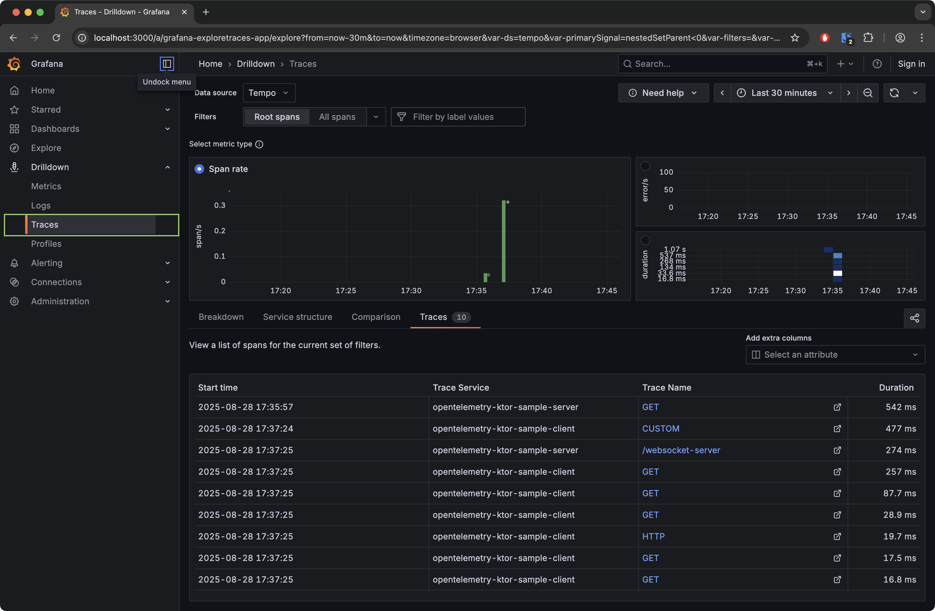 Grafana UI Drilldown traces view