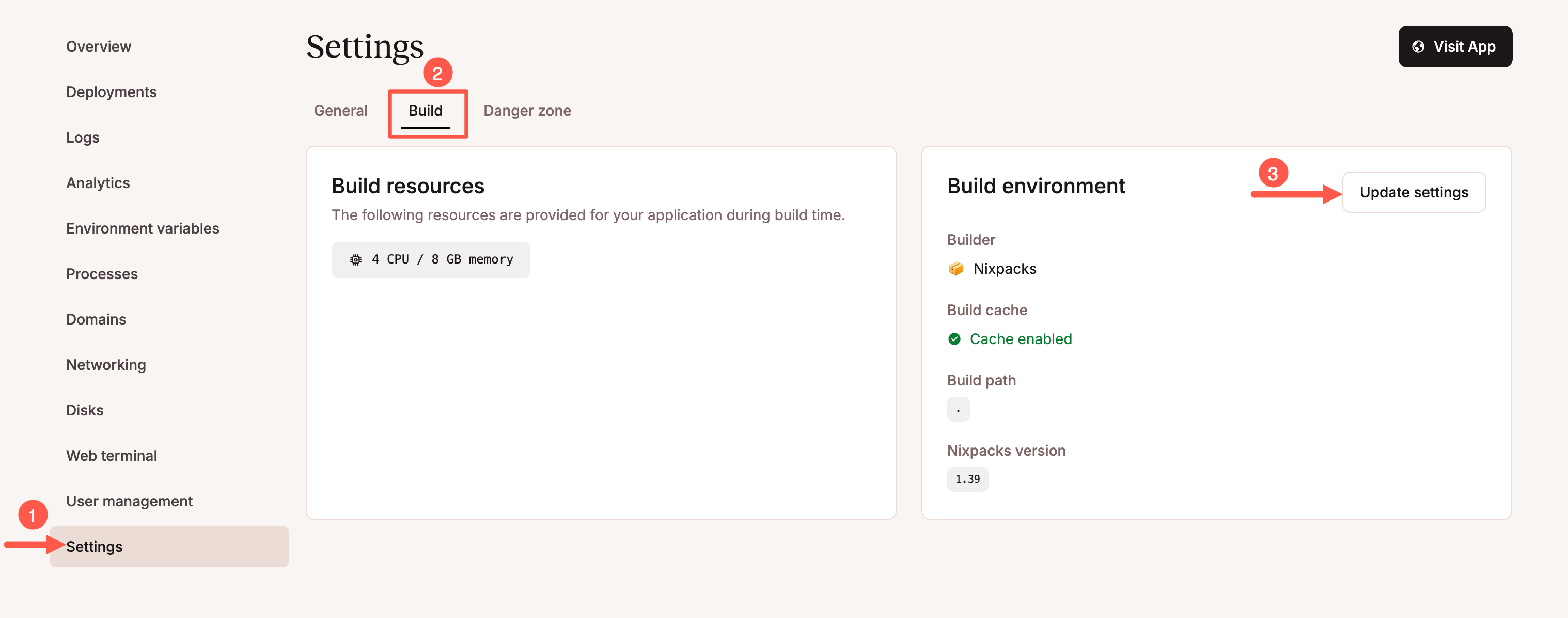 Sevalla update build settings