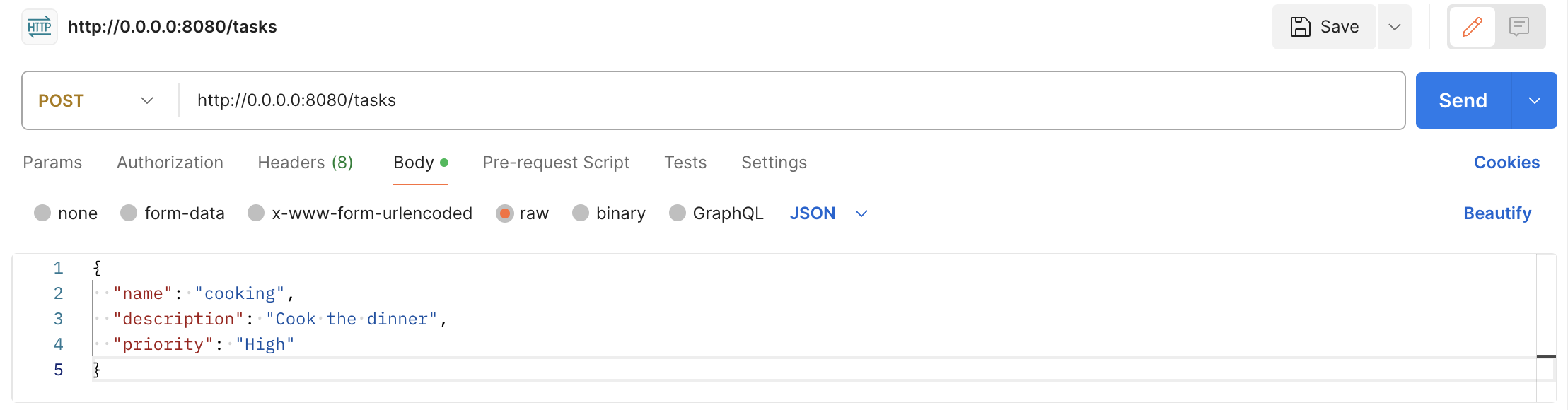 Postman 中用于添加新任务的 POST 请求