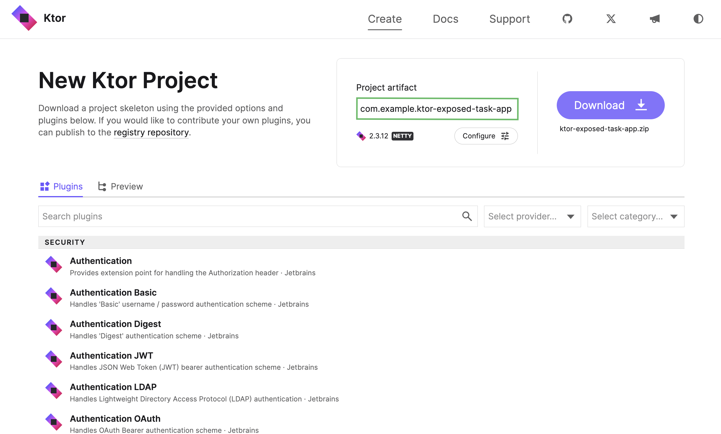 在 Ktor Project Generator 中命名项目 artifact