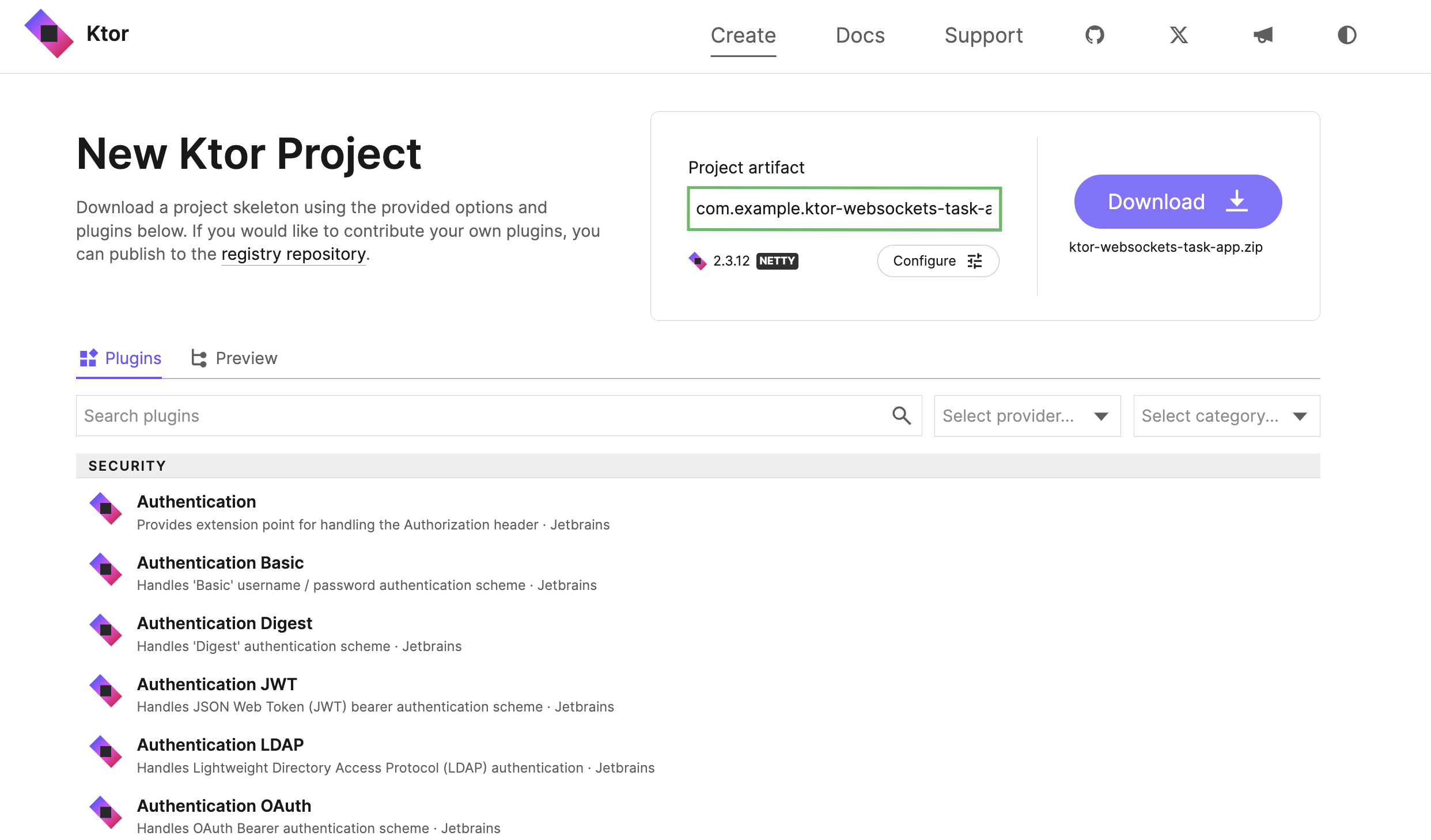 在 Ktor 项目生成器中命名项目 artifact